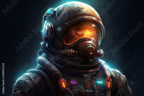 AI generated image of an astronaut floating in space, the astronaut is blue glowing and very colorful 