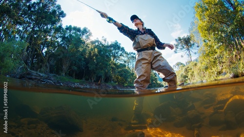 Woman angler on the river. Woman stands in the water in waders and casts the line. Woman fishing on the river photo
