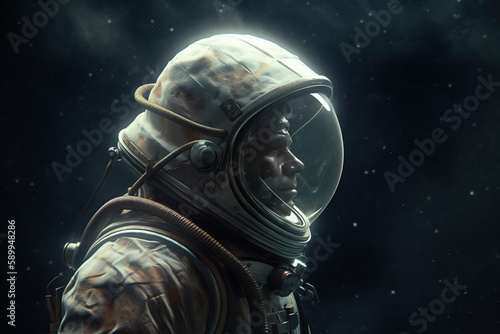 AI generated image of an astronaut floating in space with dust and stars