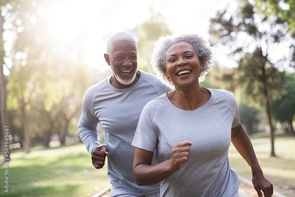 Pair of fit seniors exercising in park, Generative AI