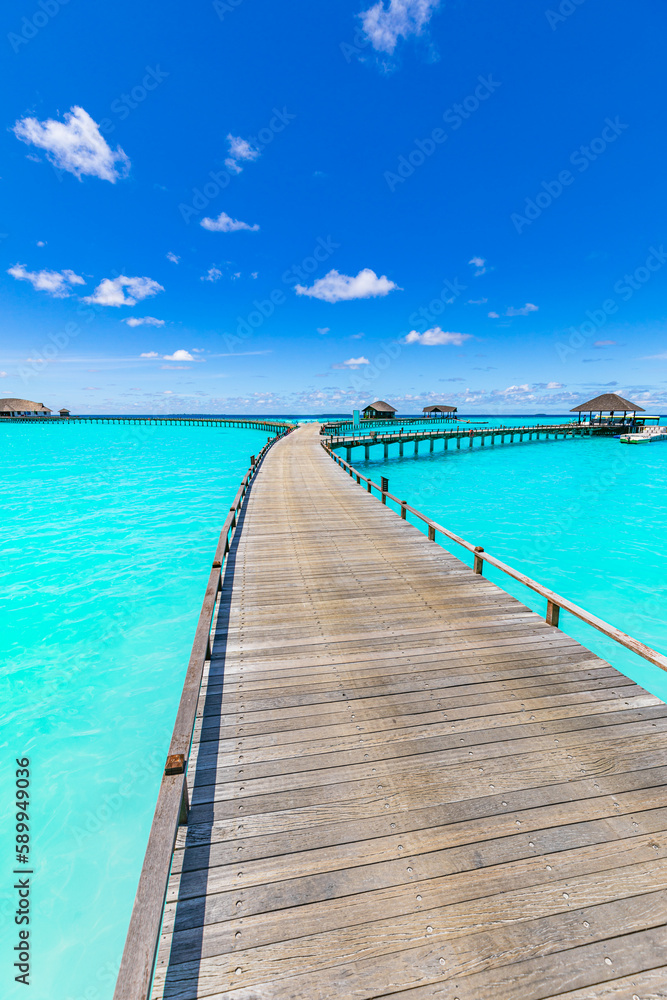 Fototapeta premium Amazing tranquil travel Maldives island, luxury over water villas pier resort. Beautiful sunny sky sea bay lagoon beach background. Summer vacation holiday. Paradise shore exotic pristine landscape