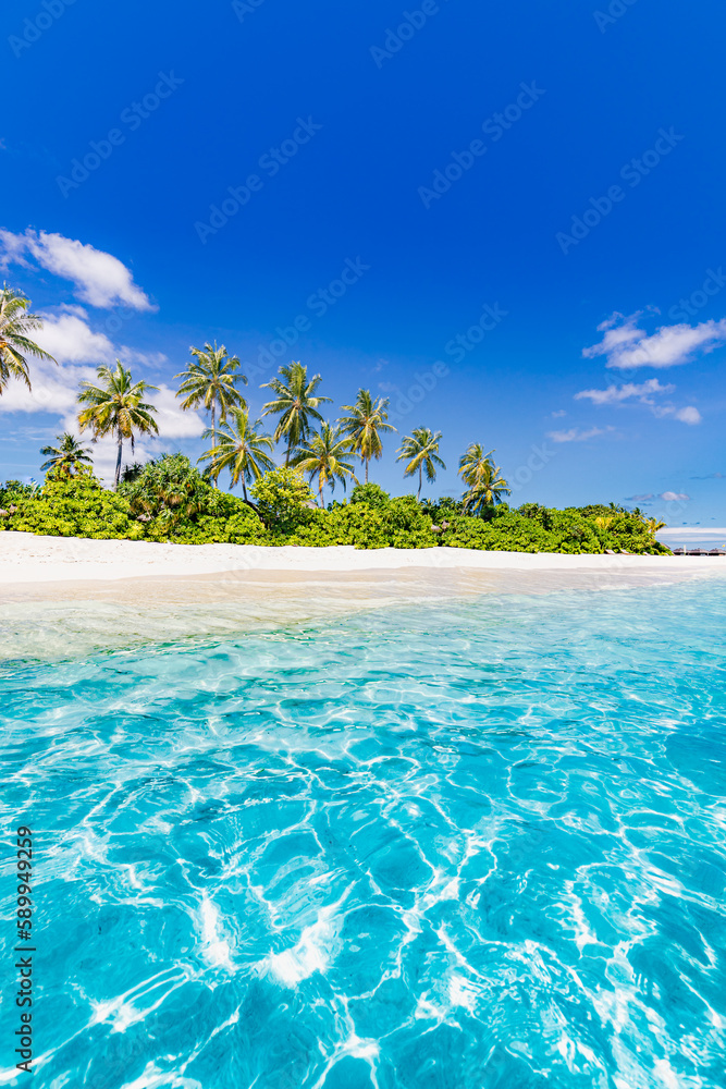 Paradise island beach. Tropical landscape of summer scenery, sea sand sky palm trees. Luxury travel vacation destination. Exotic beach landscape. Amazing nature, relax, freedom nature concept Maldives - obrazy, fototapety, plakaty 