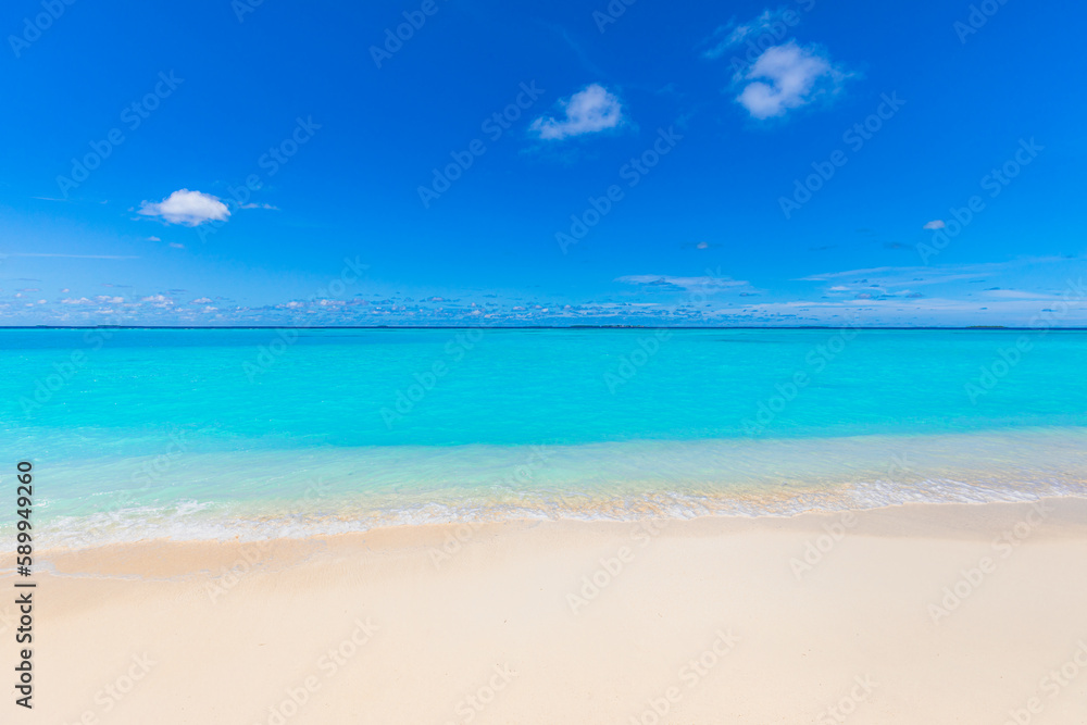 Sunny beach landscape. Relaxing beachfront sand sea waves blue sky horizon. Tranquil freedom Mediterranean tropical nature background. Peaceful happy seascape horizon. Summer travel closeup sunlight