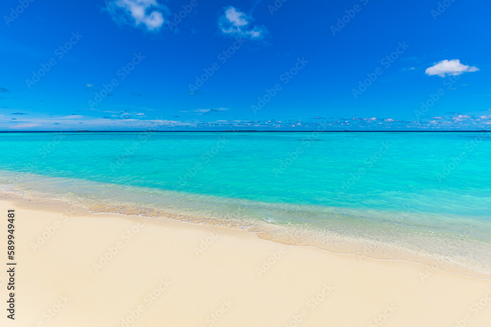 Sunny beach landscape. Relaxing beachfront sand sea waves blue sky horizon. Tranquil freedom Mediterranean tropical nature background. Peaceful happy seascape horizon. Summer travel closeup sunlight