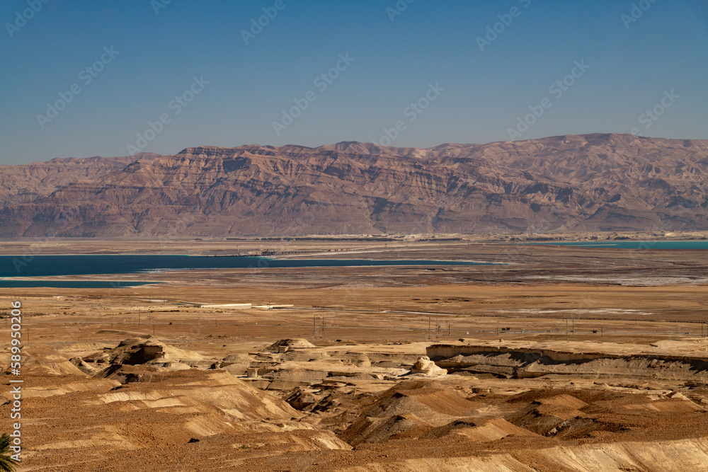 View from on Masada of the surrounding area including the Dead Sea in Israel.
