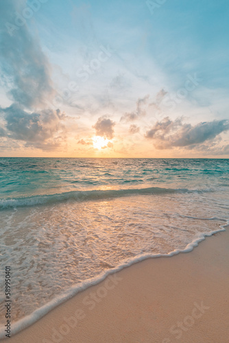 Sunset beach landscape. Relaxing sand sea waves cloudy sky horizon. Tranquil freedom Mediterranean tropical nature background. Peaceful colors, seascape horizon. Summer travel closeup sunrise sunlight