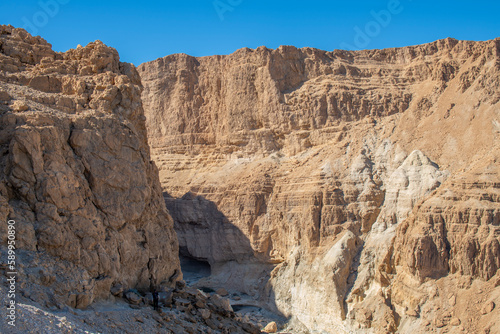 View from Wadi Rahaf area in the Judean Desert near the Dead Sea in Israel. 