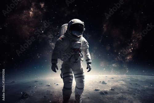 AI generated image of an astronaut floating in space with dust and stars