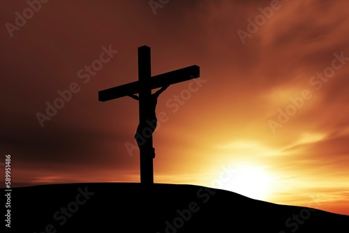 jesus on cross, jesus crucified on the cross illuminated by sunlight during sunset