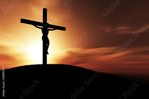jesus crucified on the cross illuminated by sunlight during sunset © diego
