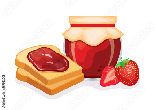 Toasted bread with strawberry jam vector illustration. Toast and strawberry jam breakfast still life vector. Jam jar with fresh strawberries icon isolated on a white background