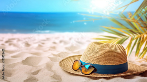 Straw hat and sunglasses in white sand on background of picturesque summer beach. Based on Generative AI
