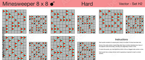 5 Hard Minesweeper 8 x 8 Puzzles. A set of scalable puzzles for kids and adults and ready for web use, or to be compiled into a standard or large print activity book.
