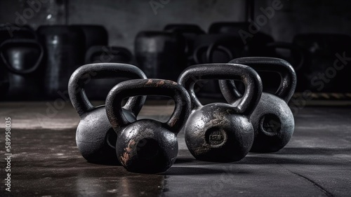 Kettlebells for the fitness room in the darkroom. Generative AI.