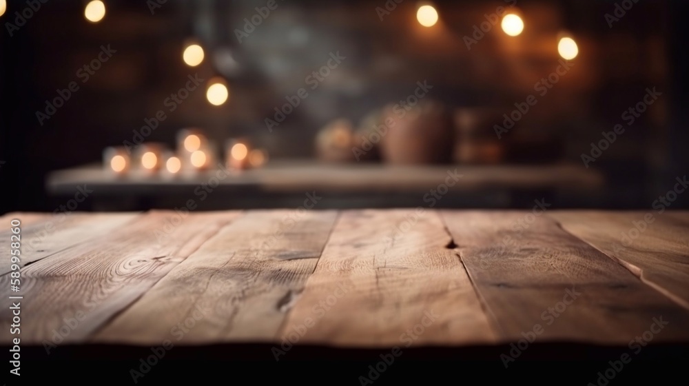 Wooden tabletop with defocused room background. Generative AI.