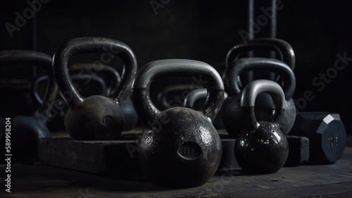 Kettlebells for the fitness room in the darkroom. Generative AI.