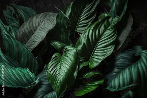 Green tropical leaf texture pattern background, Generative AI