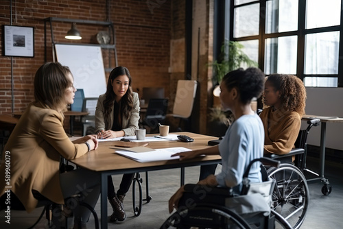 Businesswoman in a wheelchair gathered around a table for a meeting or discussion with other people in the office