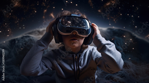 Little boy wearing virtual reality goggles. Generative AI