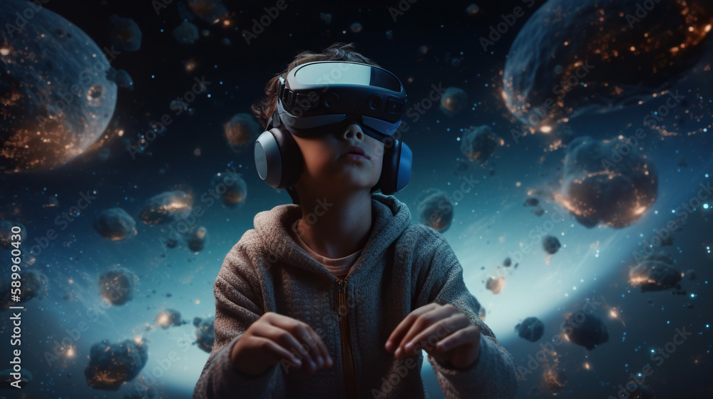 Little boy wearing virtual reality goggles against planets in outer space, Generative AI Little boy wearing virtual reality goggles against planets in outer space, Generative AI