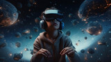 Little boy wearing virtual reality goggles against planets in outer space, Generative AI