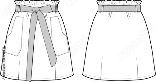 Skater Short Skirt with pocket ,  Paper Bag Waist Skater Skirt Fashion Illustration, Vector, CAD, Technical Drawing, Flat Drawing.