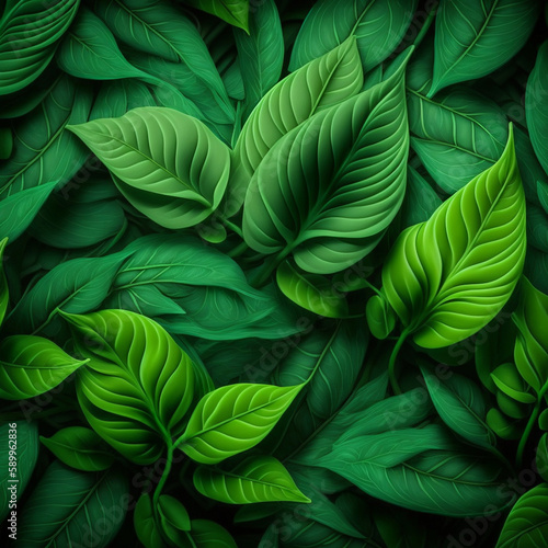 Green tropical leaf texture pattern background, Generative AI