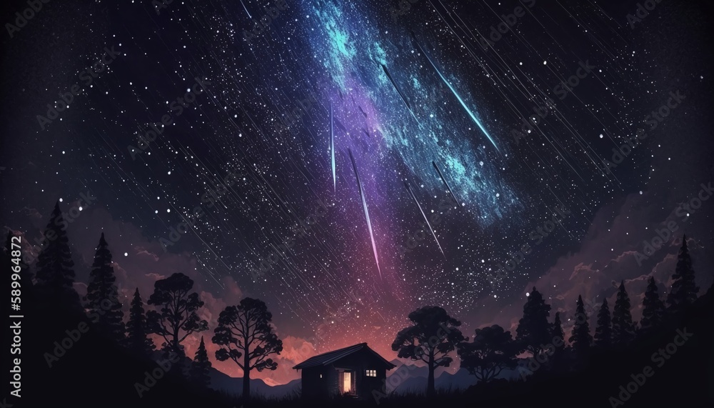 Beautiful meteor shower in the night sky,Generative AI