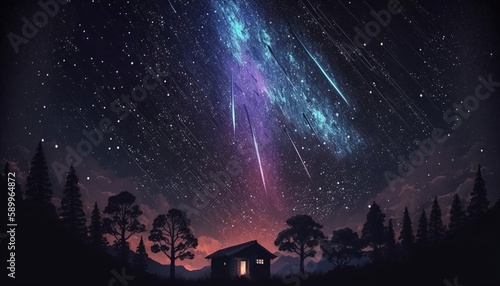 Beautiful meteor shower in the night sky,Generative AI
