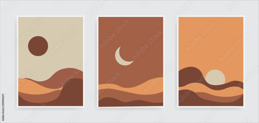Set of abstract landscape posters. Modern background flat design. Contemporary boho sun moon and mountains minimalist wall decor.