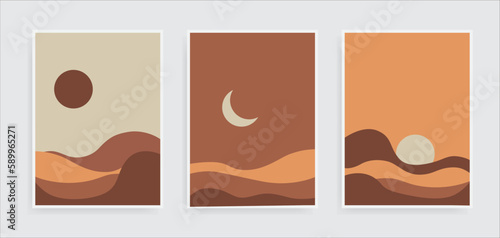 Set of abstract landscape posters. Modern background flat design. Contemporary boho sun moon and mountains minimalist wall decor.