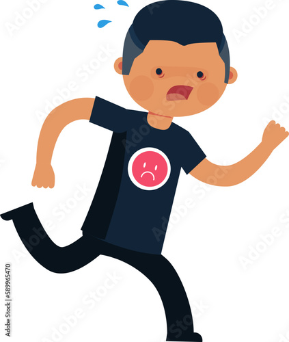 Cute Man, Bad Guy, Male Teenager Pink Sad Face on Shirt Running Runaway Excited Flat Character Design Isolated