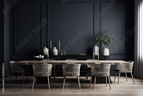 interior of a contemporary, dark dining room, mockup of a gray wall, generative AI © Kien