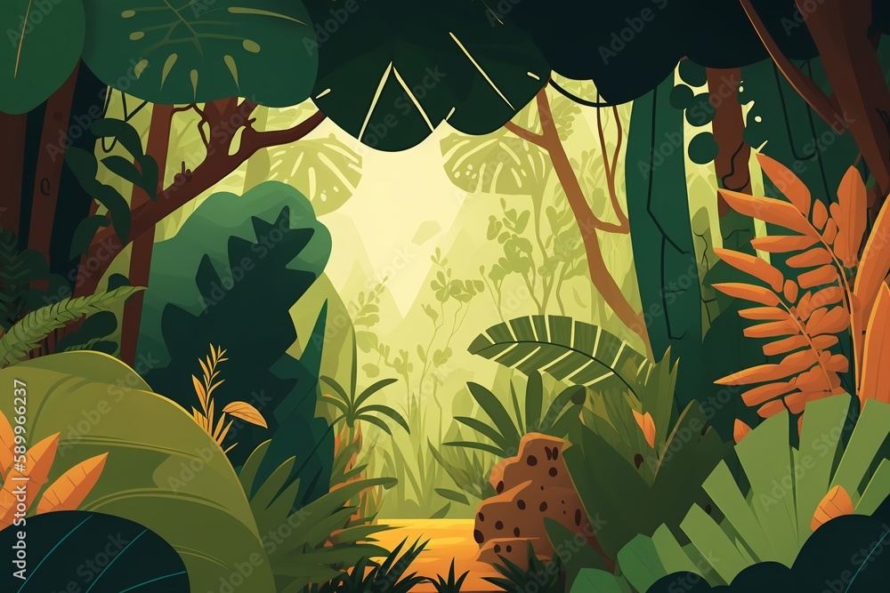 Fototapeta premium 2D flat tropical forest background,Generative AI