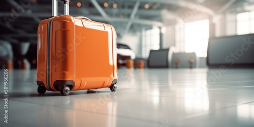 white glossy empty airport surface with orange travel bag - created with generative AI technology