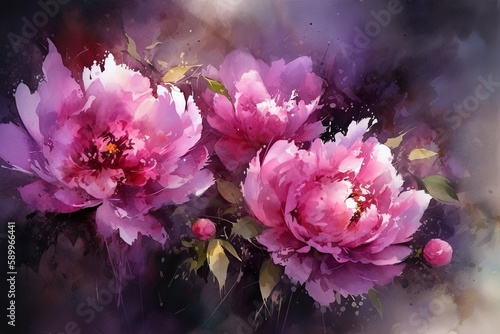 Watercolor painting of a bouquet of pink peonies - flower created with generative AI technology