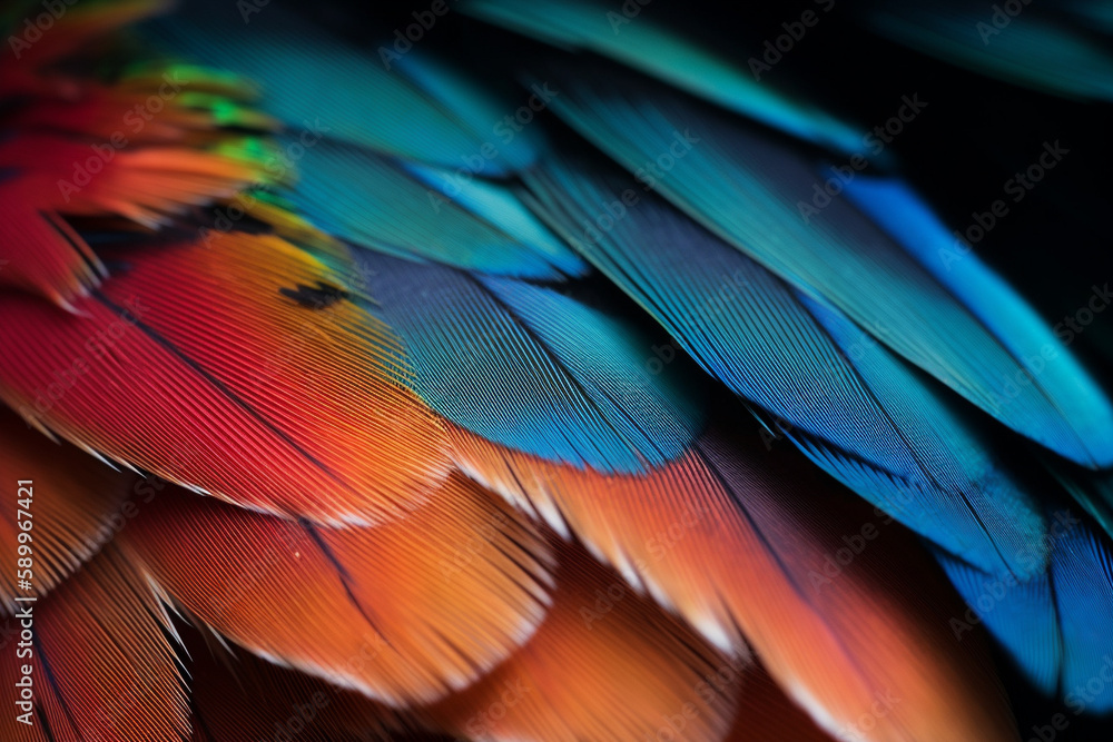 Obraz premium Illustration of the closeup ciew of the feathers of an exotic bird created with Generative AI