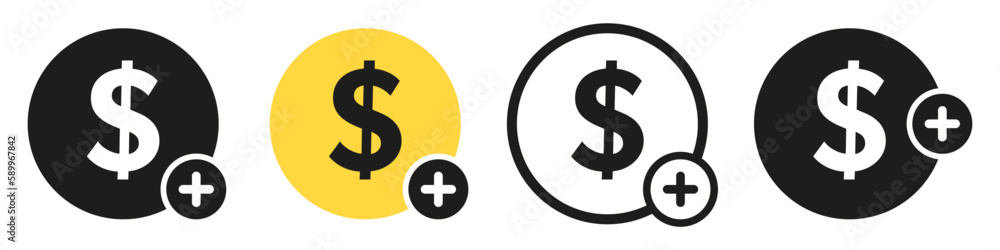 Add money to a wallet button. Vector dollar and plus icon set. Add money to a wallet button. Vector dollar and plus icon set.