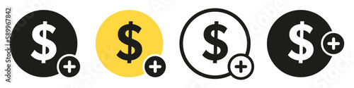 Add money to a wallet button. Vector dollar and plus icon set.