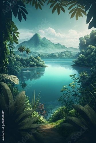 Tropical forest and lake background Generative AI