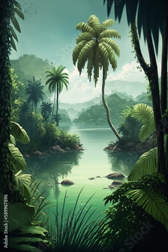 Tropical forest and lake background,Generative AI © simon