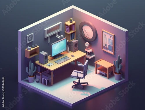 3D illustration of freelancer workstation in cartoon style. Work from home or home office. A desk to work with a computer on it. The walls are decorated with various types of decorations. 