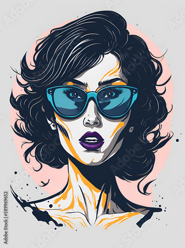 Beautiful girl wearing trendy sunglasses, 60s fashion poster. AI generated illustration