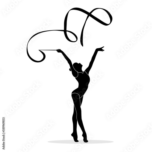 Silhouette of female rhythmic gymnast player with ribbon. Vector illustration photo