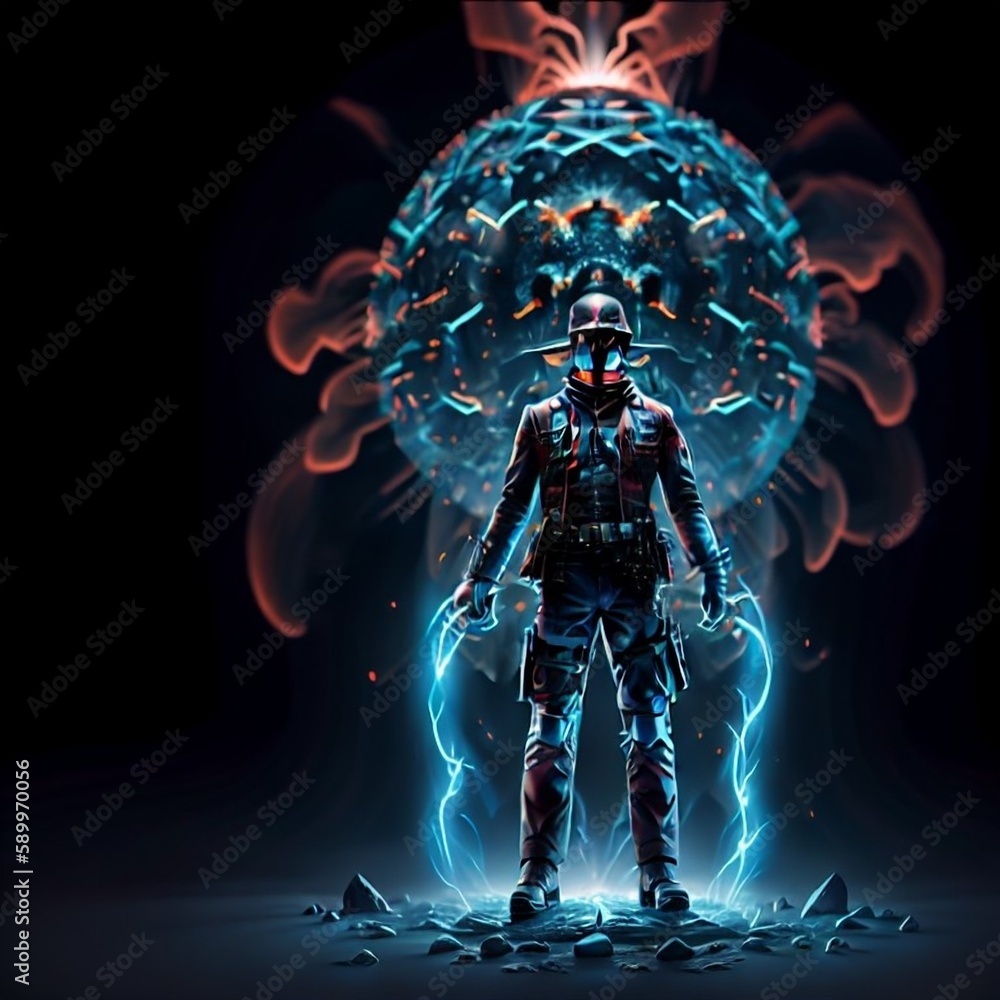 Figure standing in front of an explosion Figure standing in front of an explosion