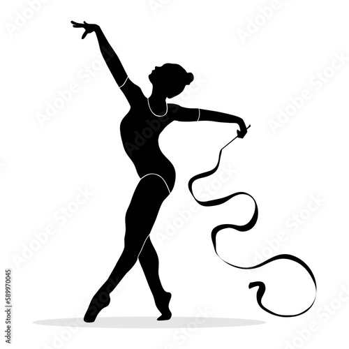 Silhouette of woman dancing rhythmic gymnastics with ribbon. Vector silhouette illustration