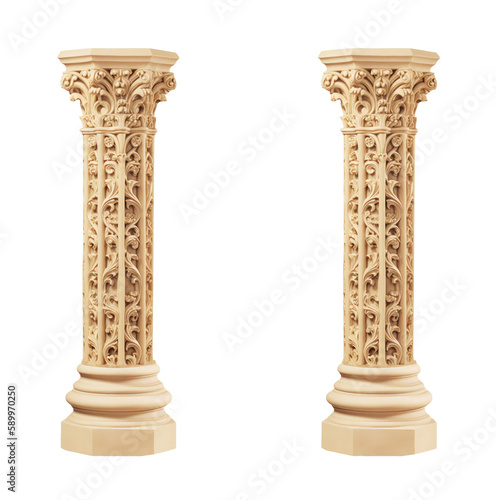 Architectural beige columns Ionic order isolated on transparent png background. Generative ai