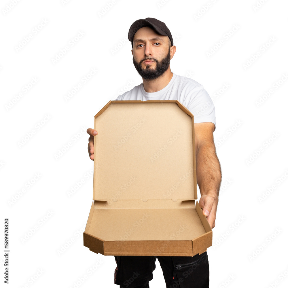 Young bearded man smiling while posing with open pizza box isolated over white background. Can be used to represent your product. Young bearded man smiling while posing with open pizza box isolated over white background. Can be used to represent your product.