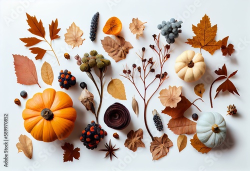 White background with dried leaves, pumpkins, flowers, and berries. Perfect for autumn, fall, halloween, or thanksgiving day. Top view with copy space. Generative AI