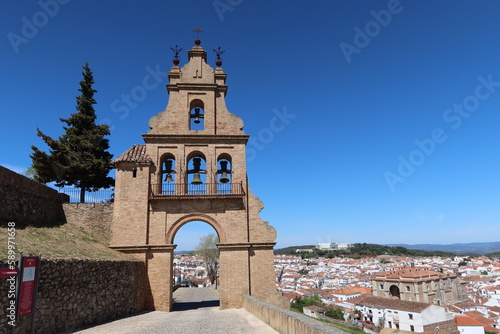 Aracena, Huelva, Spain, March 30, 2023: Belfry at the entrance to the castle and views of the town of Aracena, Huelva. Spain